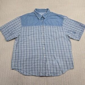 Vintage Andrew's Blues Shirt Womens XL Blue Plaid Denim Western Short Sleeve 90s